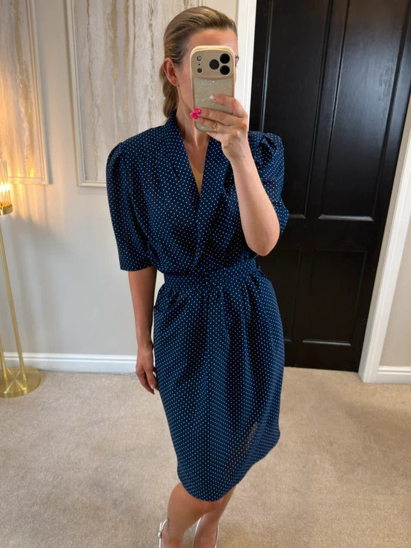 Vintage Navy & White Polka Dot Belted Dress 16