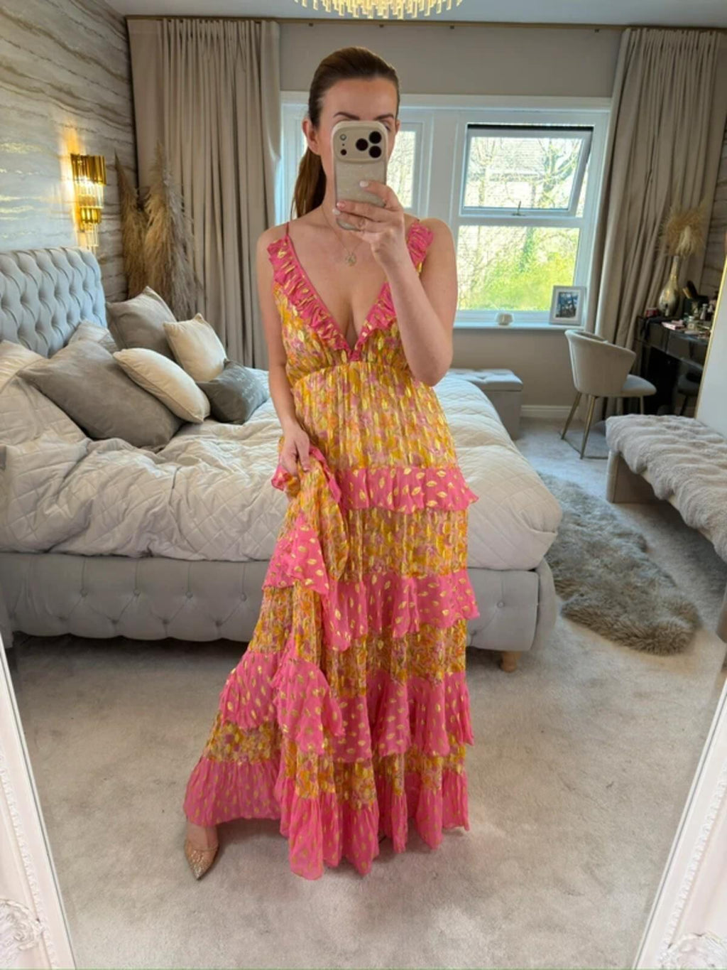 Miss June Pink & Gold Bohemian Maxi Dress One Size