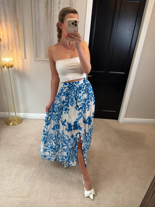 H&M Blue & White Floral Midi Skirt XS
