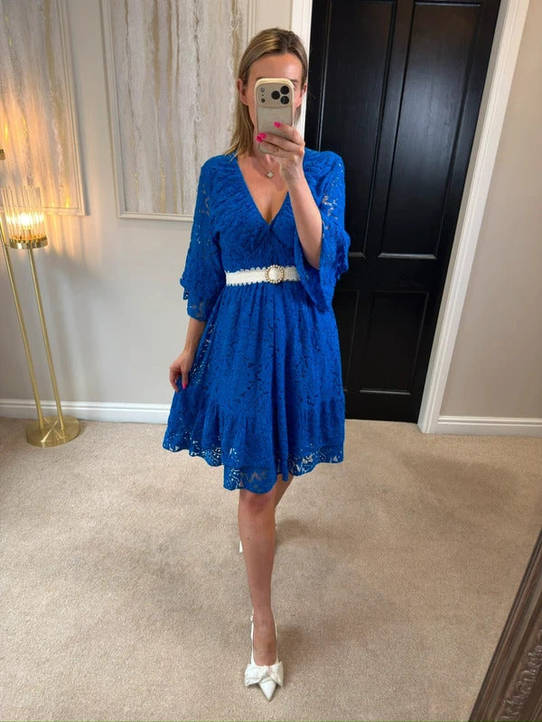 Boutique Cobalt Blue Lace Frill Dress One Size