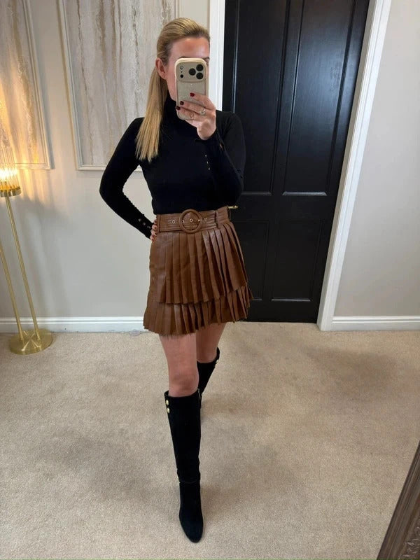 Zara Brown PU Leather Pleated Belted Skirt Small