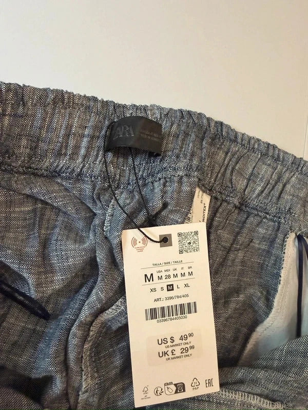 BNWT Zara Blue Linen Blend Wide Leg Trousers Size Medium