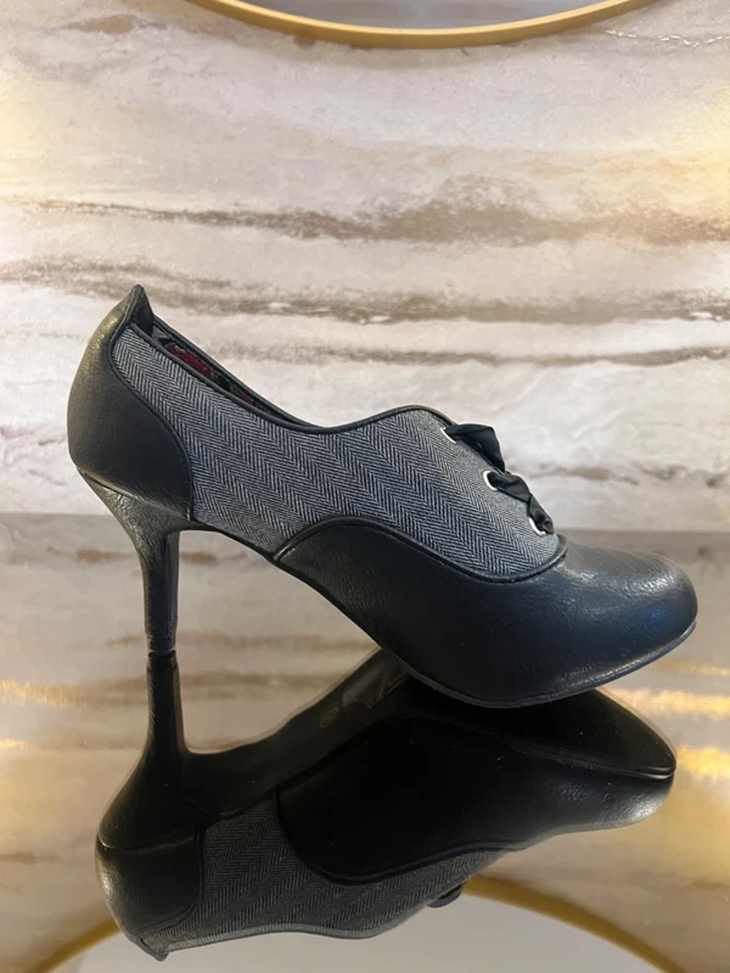 Joe Browns Black & Grey Herringbone Ribbon Lace Heels 6