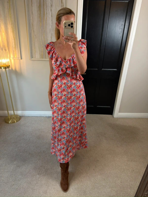F&F Multicoloured Floral Frill Midi Dress 10