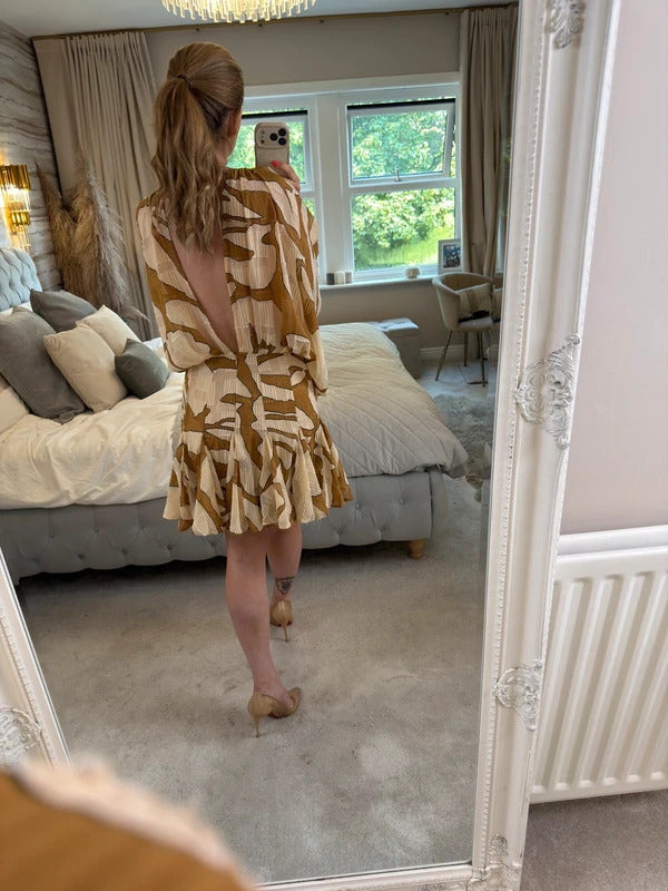 ASOS Beige & Brown Boho Gold Chain Open Back Mini Dress 10