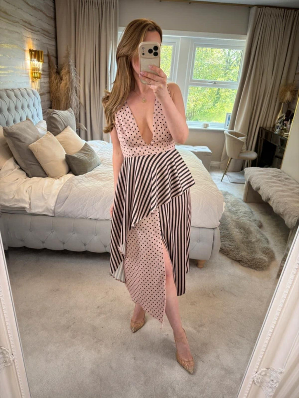 ASOS Pink & Black Spotty & Stripe Open Back Plunge Midi Dress 10