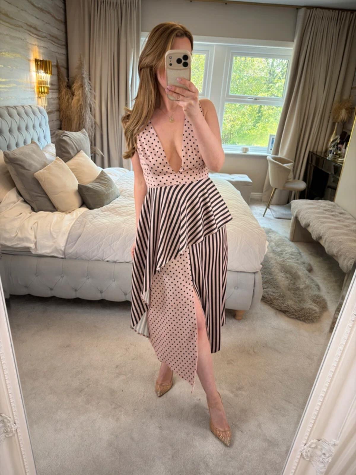 ASOS Pink & Black Spotty & Stripe Open Back Plunge Midi Dress 10