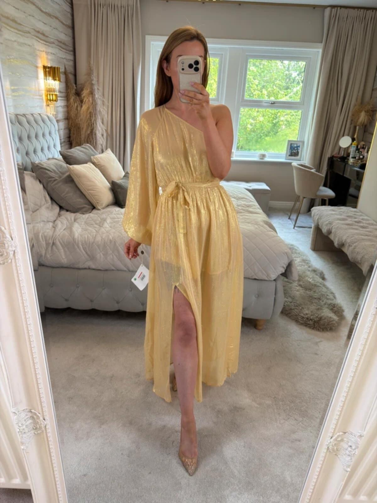 BNWT Sundress Gold Metallic One Shoulder Belted Dress Small