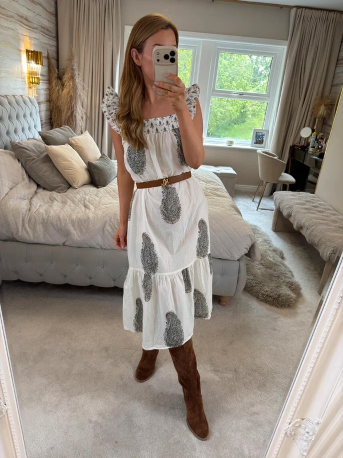 F&F White Paisley Frill Midi Dress 8/10