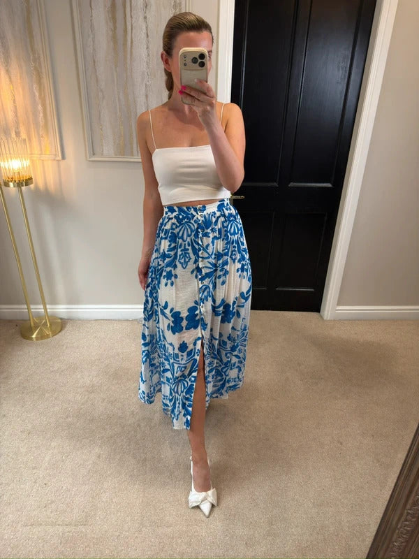 H&M Blue & White Floral Midi Skirt XS