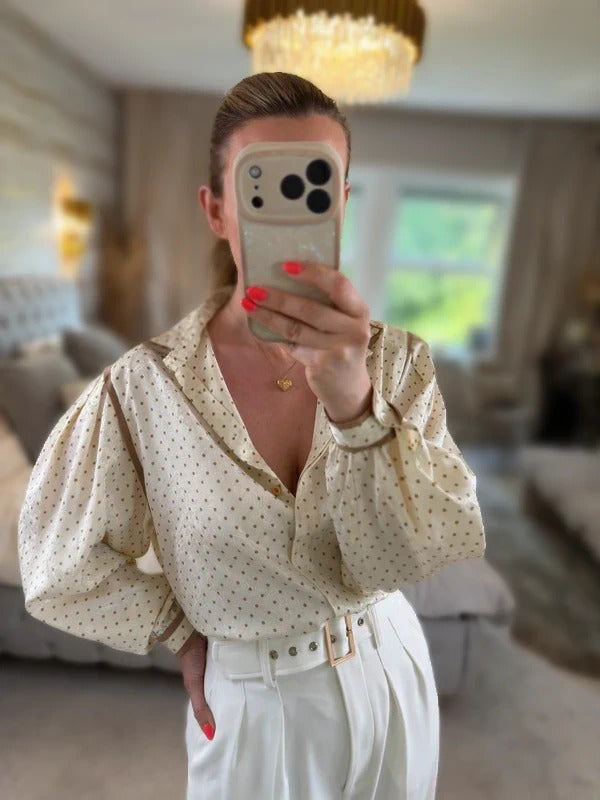 Vintage Aquascutum Cream & Brown Paisley Polka Dot Blouse Medium