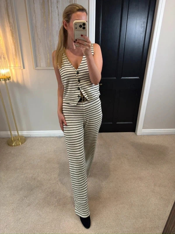 Mango Black & Cream Stripe Crochet Knitted Co Ord Set M/L