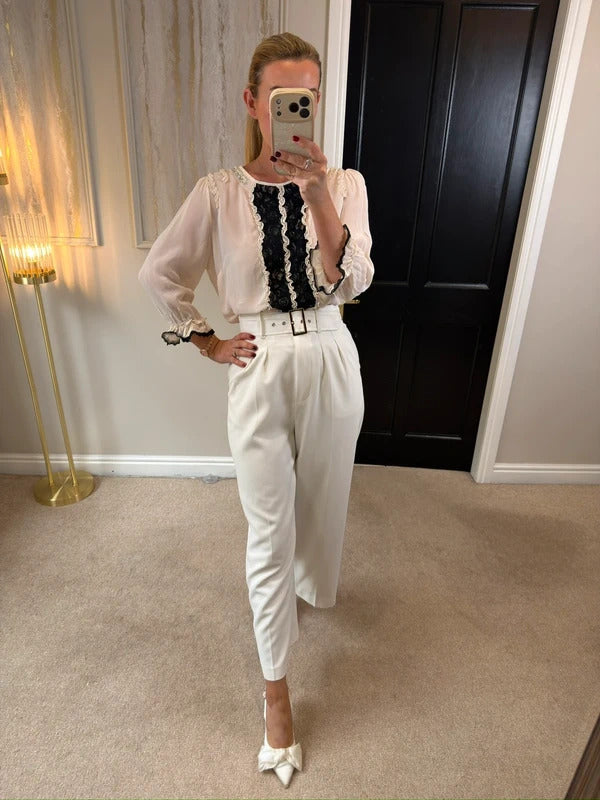 River Island Cream & Black Lace Frill Embellished Blouse 14