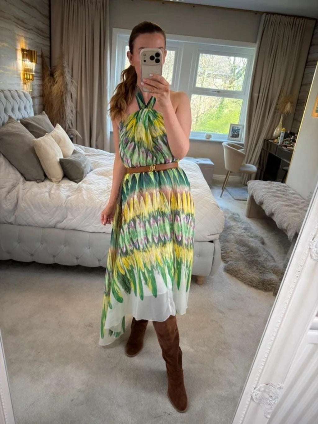 Caroline Morgan Green & Yellow Halterneck Dip Hem Dress 8
