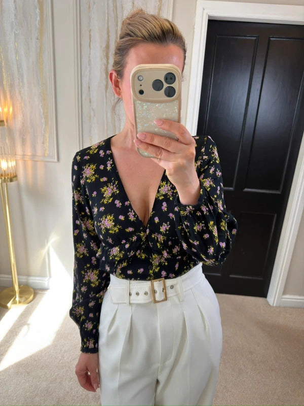 Zara Black Floral Print Frill Blouse XS