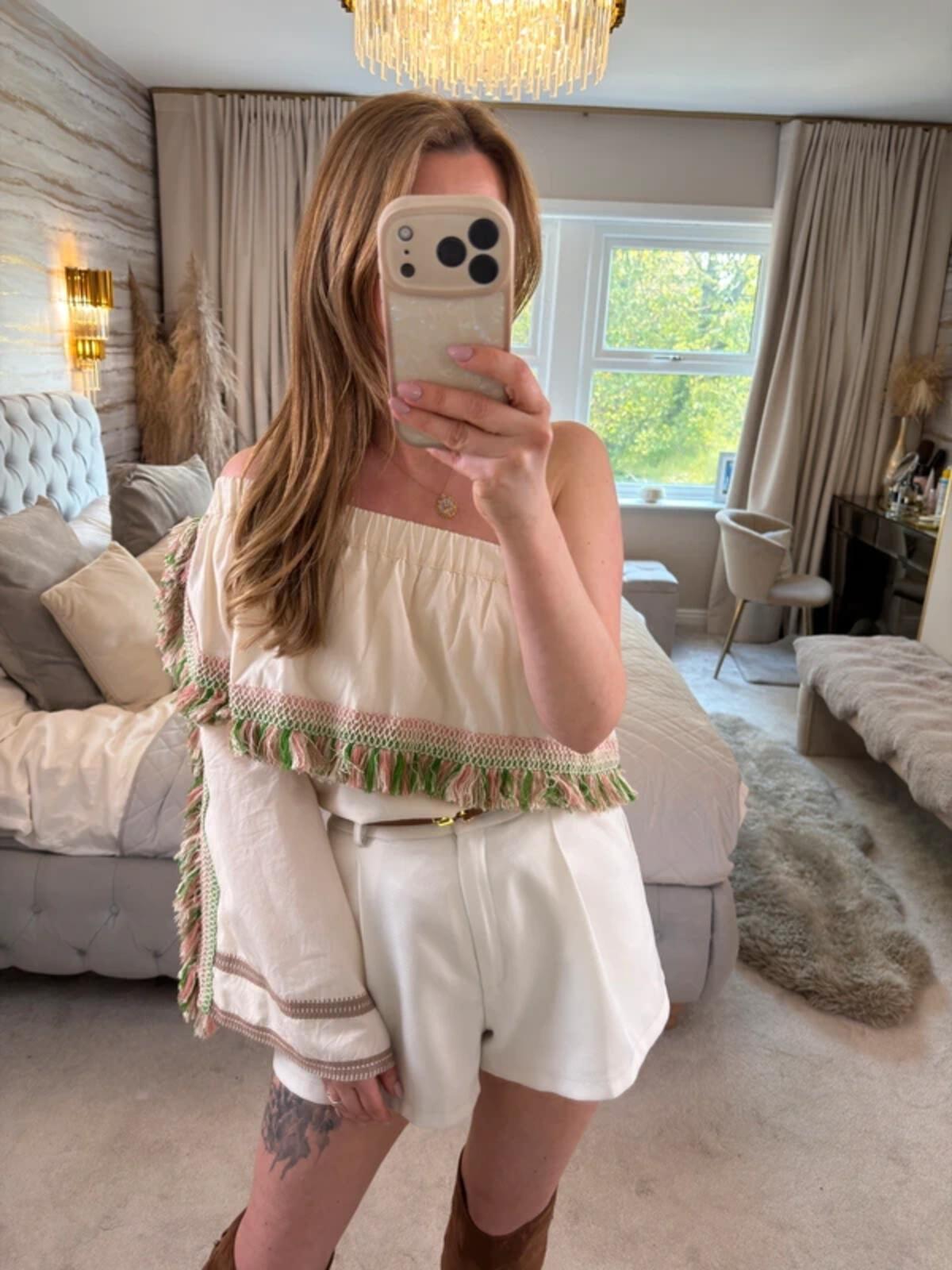Celia Dragouni Cream Boho Tassel Blouse