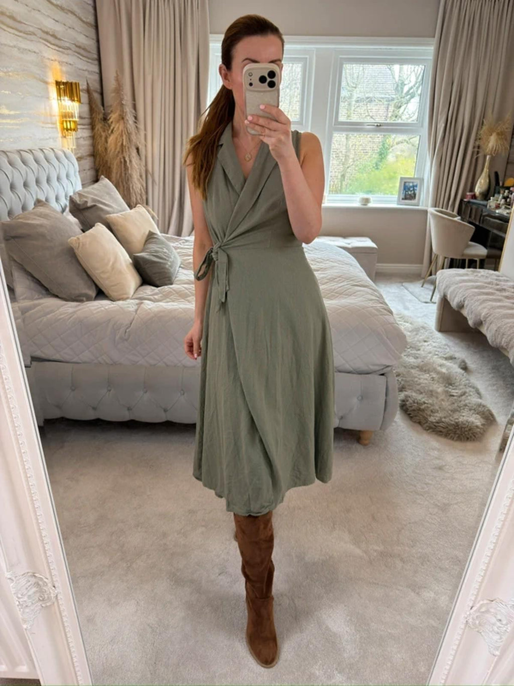DKNY Khaki Linen Blend Wrap Dress 8