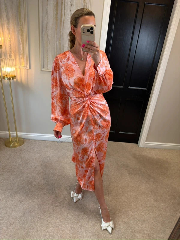 River Island Pink Floral Satin Knot Midi Dress 12