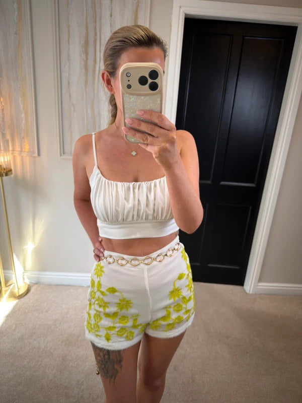 Topshop White & Green Embroidered Shorts 8
