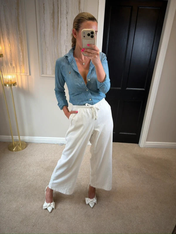 Hollister White Linen Blend Trousers Large