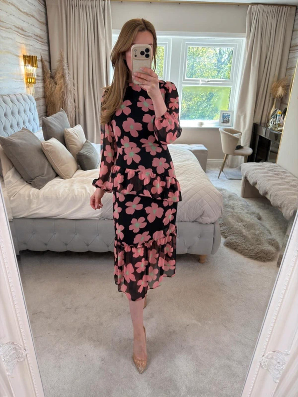 Miss Selfridge Black Floral Frill Tiered Midi Dress 10/12