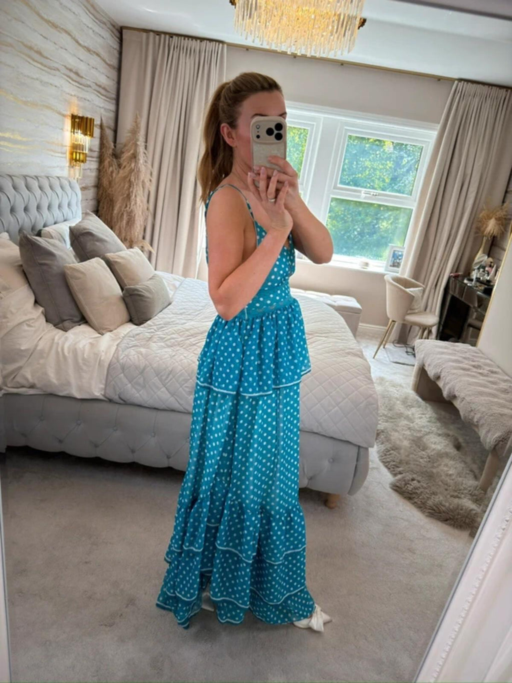 Golden Days Teal Blue & White Polka Dot Tiered Maxi Dress 8