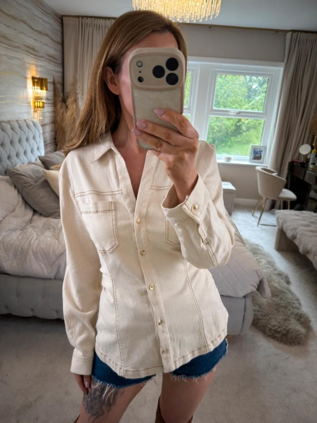Zara Cream Denim Fitted Shirt Large
