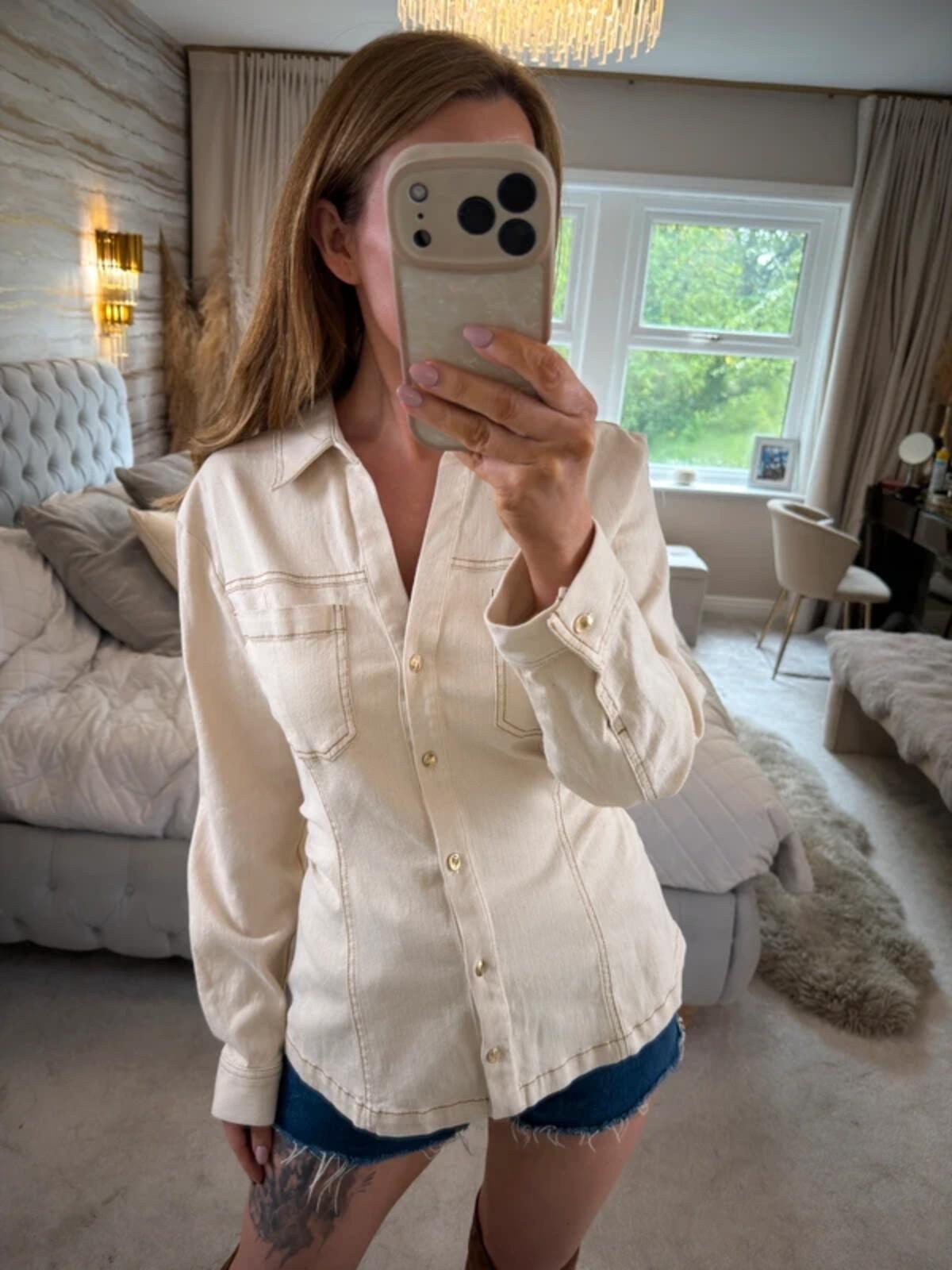 Zara Cream Denim Fitted Shirt Large