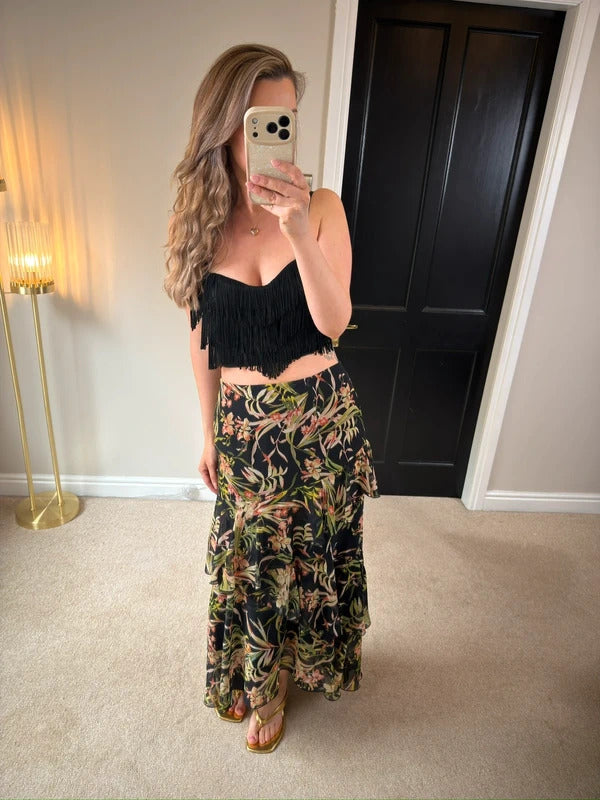 M&S Black Floral Tiered Maxi Skirt 10