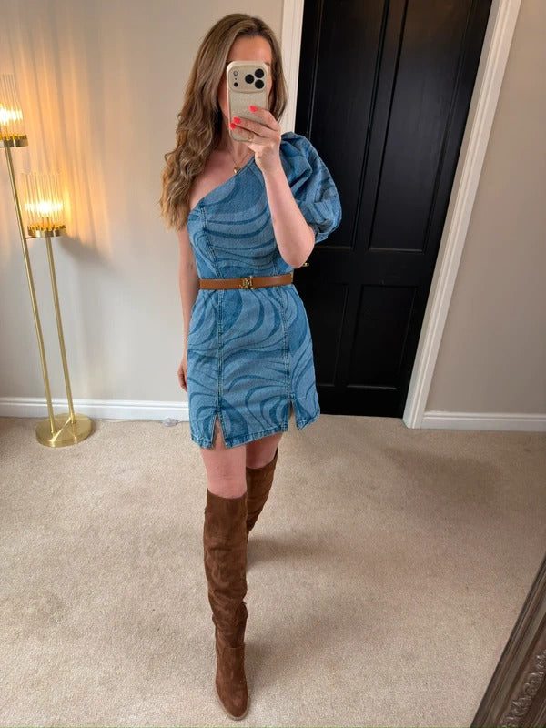 ASOS Denim One Shoulder Puff Sleeve Retro Style Mini Dress Size 10