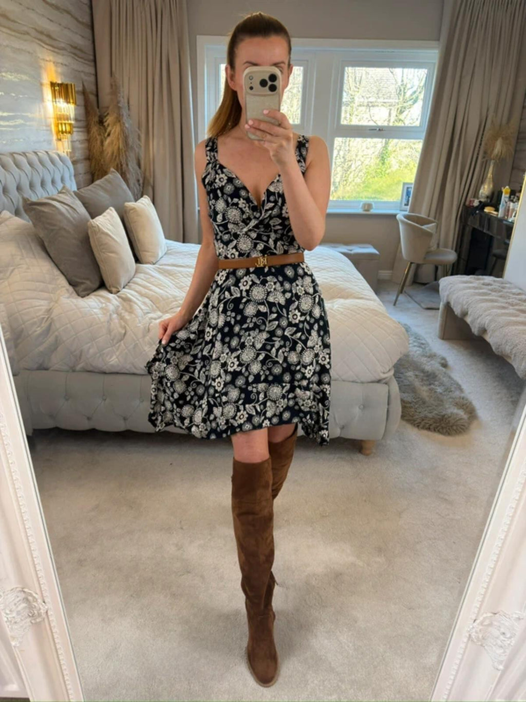 Apricot Navy Floral Asymmetrical Hem Dress 8