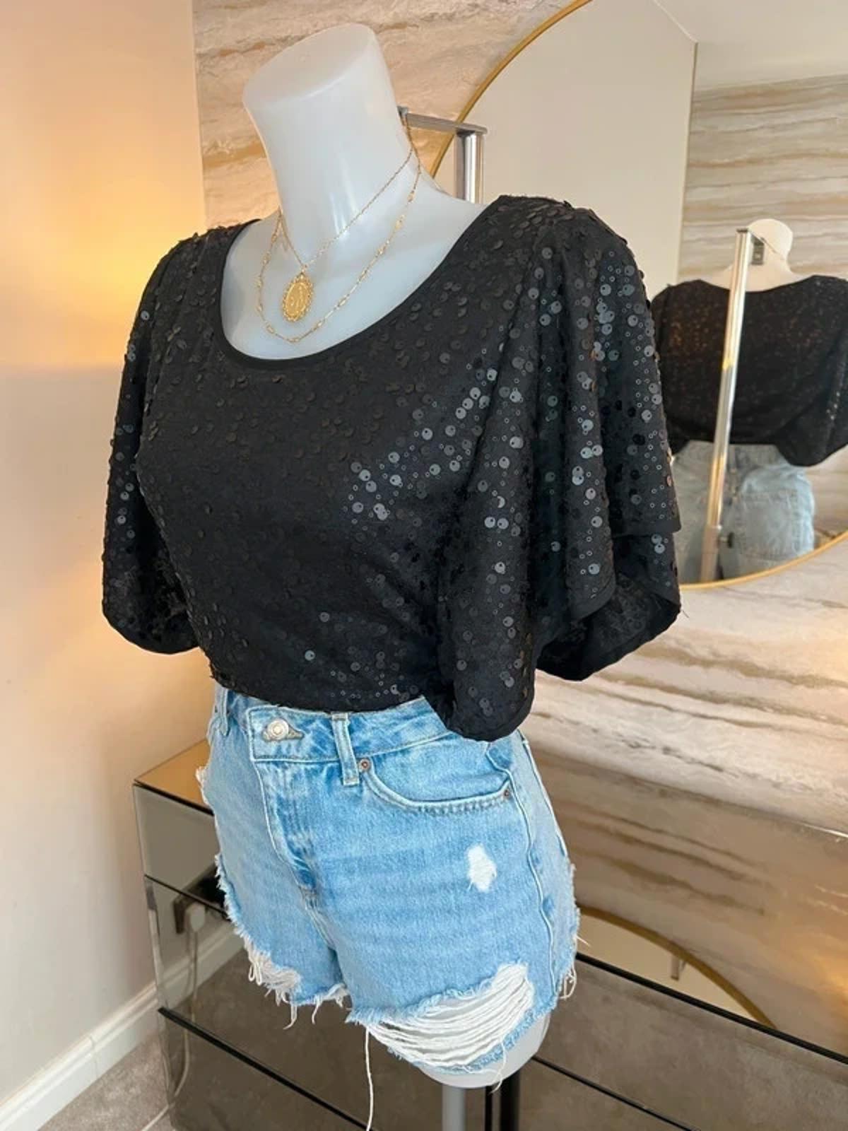 Eci New York Black Sequin Blouse Large