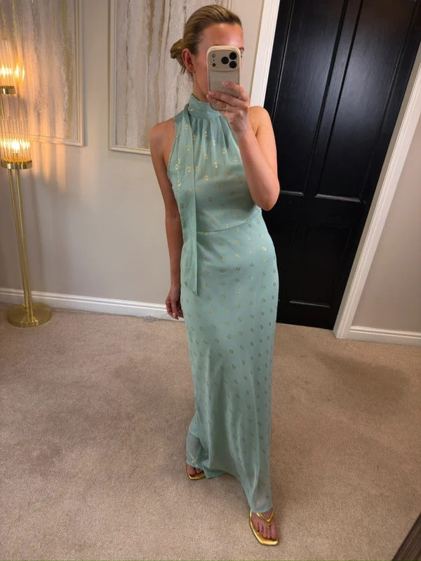 BNWT Jodie Moi Mint Green & Gold Tie Neck Maxi 10
