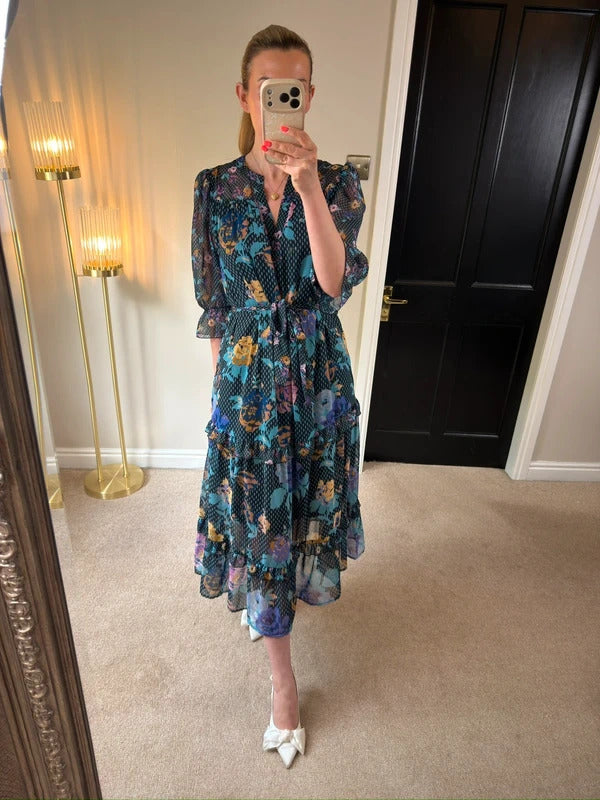 Next Navy Floral Tiered Frill Midi Dress 12