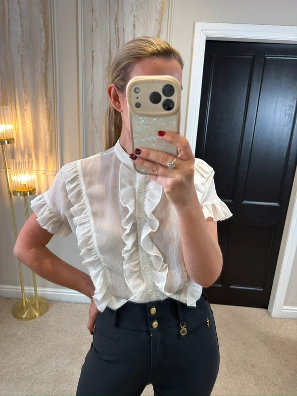 Boohoo Cream Semi Sheer Frill Blouse 6
