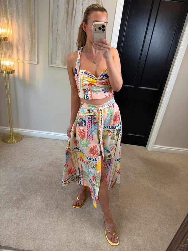 Zara Multicoloured Patchwork Print Skirt & Top Co Ord Large BNWT