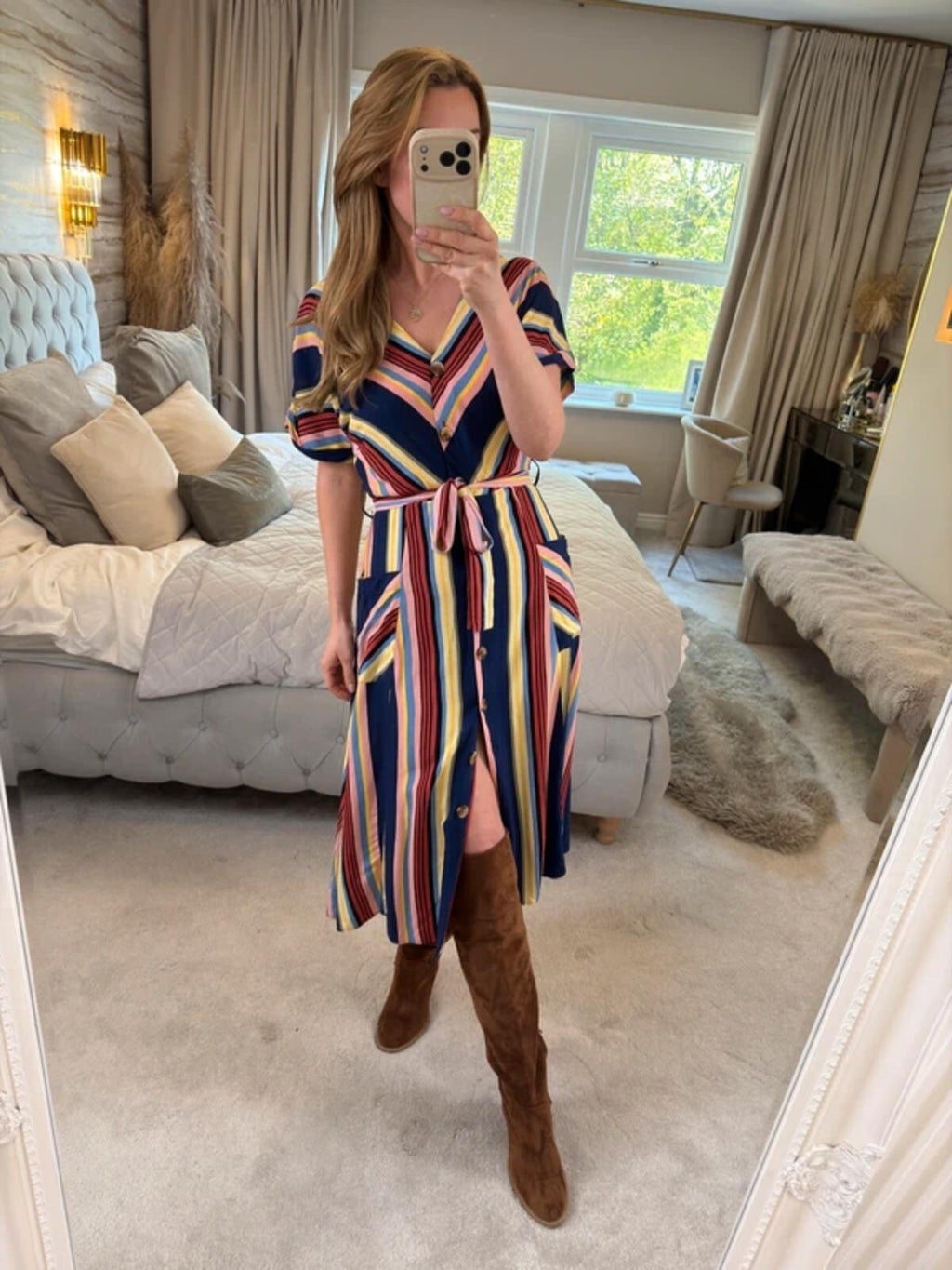 Warehouse Multicoloured Belted Midi Shirt Dress 10