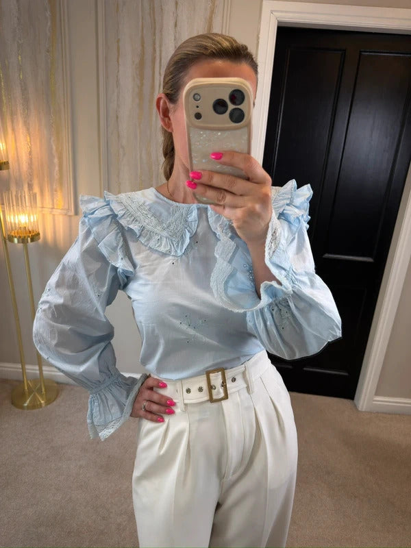 BNWT River Island Light Blue Frill Blouse Petite Size 10