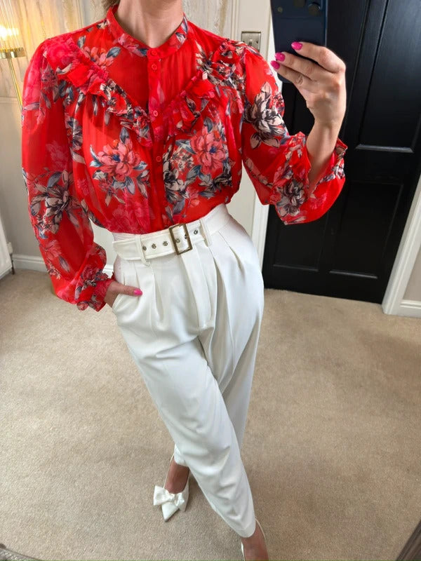 French Connection Red Sheer Floral Frill Blouse 10