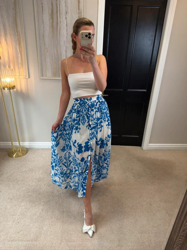 H&M Blue & White Floral Midi Skirt XS