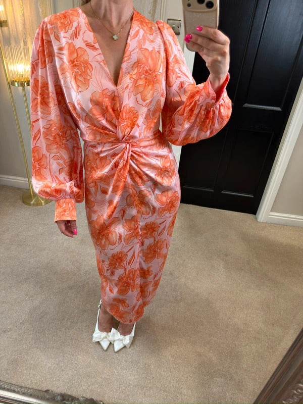 River Island Pink Floral Satin Knot Midi Dress 12
