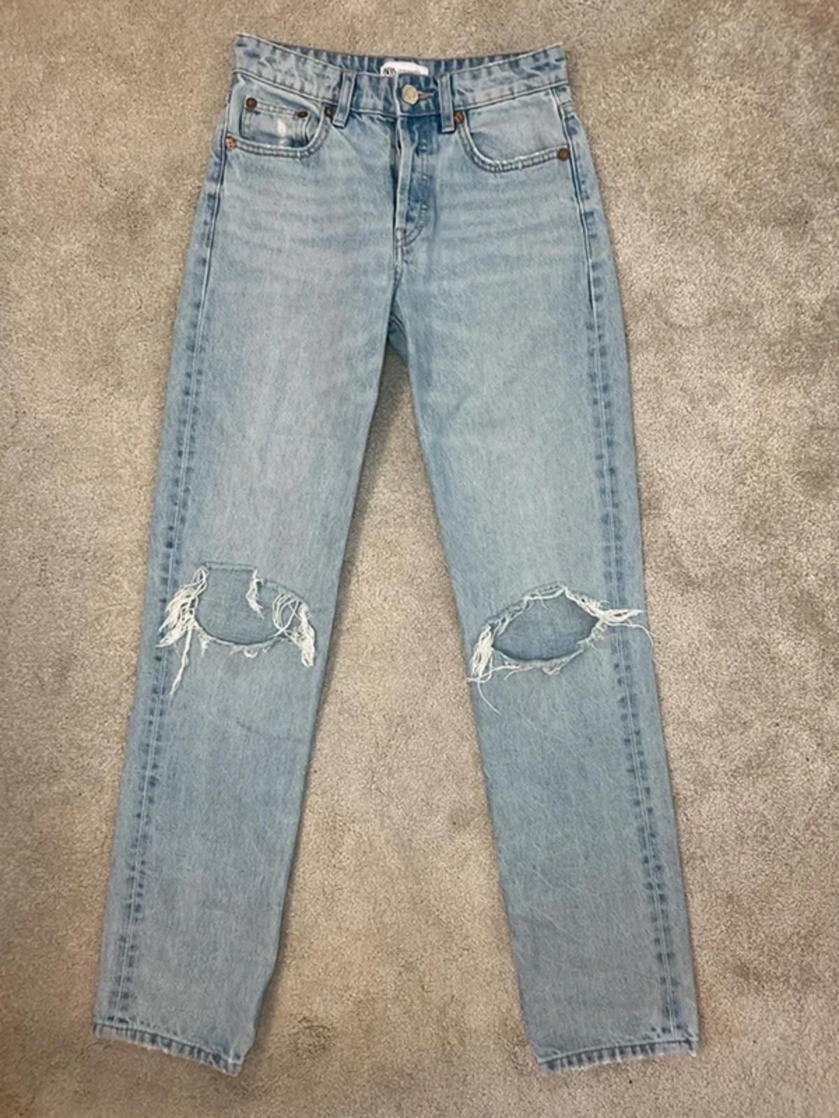 Zara Light Denim Mid Rise Ripped Straight Jeans 6