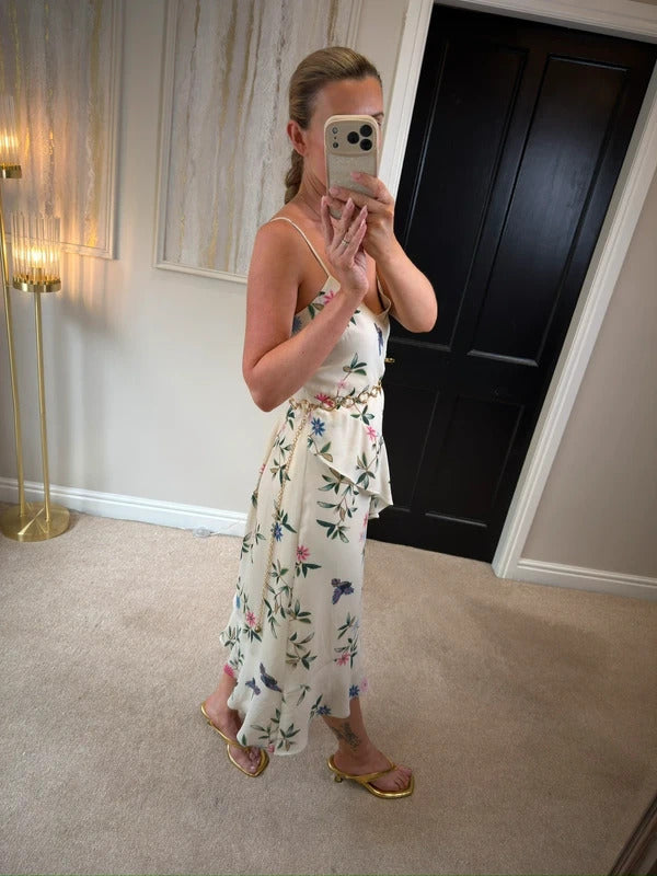 M&S White Floral & Bird Layered Midi Slip Dress 10