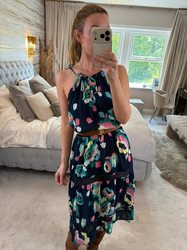 M&S Navy Floral Tassel Beach Sundress 8